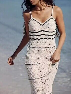 Women'S Crochet Spaghetti Strap Maxi Dress, Boho Striped Hollow Out Beach Dress